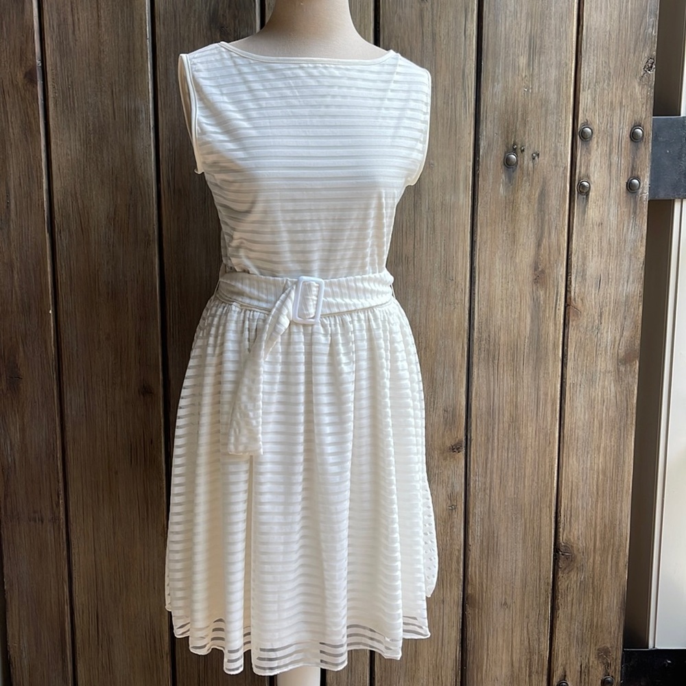 vfish all white occasion dress with sheer bands throughout